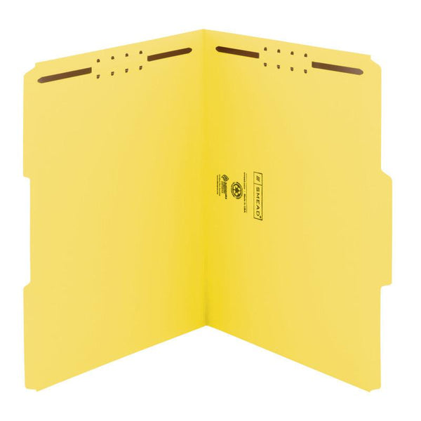 Smead WaterShed®/CutLess® Fastener File Folder, 2 Fasteners, Reinforced 1/3-Cut Tab, Letter Size, Yellow, 50 per Box (12942)