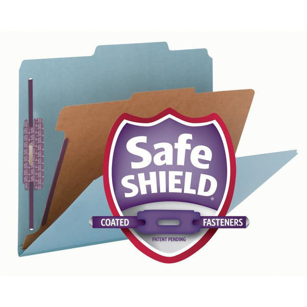 Smead Pressboard Classification File Folder with SafeSHIELD® Fasteners, 1 Divider, 2" Expansion, Letter Size, Blue, 10 per Box (13730)