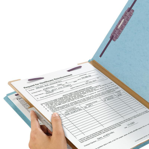 Smead Pressboard Classification File Folder with SafeSHIELD® Fasteners, 1 Divider, 2" Expansion, Letter Size, Blue, 10 per Box (13730)