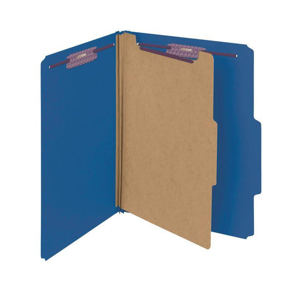 Smead Pressboard Classification File Folder with SafeSHIELD® Fasteners, 1 Divider, 2" Expansion, Letter Size, Dark Blue, 10 per Box (13732)