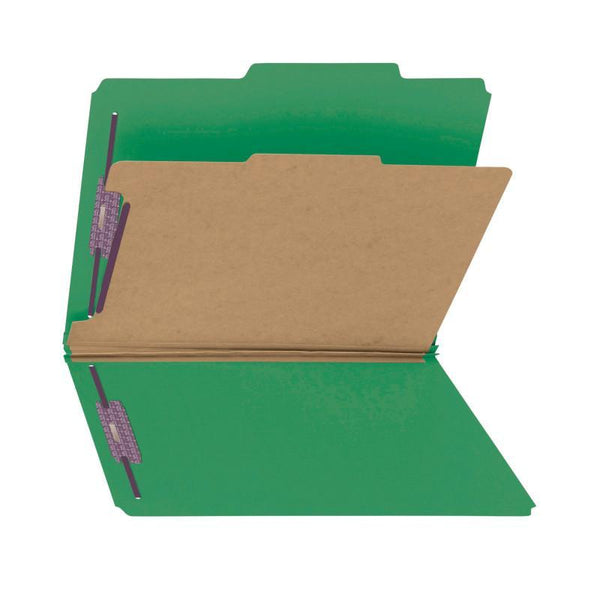 Smead Pressboard Classification File Folder with SafeSHIELD® Fasteners, 1 Divider, 2" Expansion, Letter Size, Green, 10 per Box (13733)