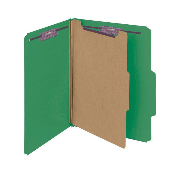 Smead Pressboard Classification File Folder with SafeSHIELD® Fasteners, 1 Divider, 2" Expansion, Letter Size, Green, 10 per Box (13733)