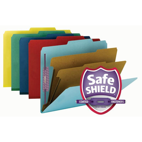 Smead Pressboard Classification File Folder with SafeSHIELD® Fasteners, 2 Dividers, 2" Expansion, Letter Size, Assorted Colors, 10 per Box (14025)