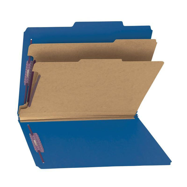 Smead Pressboard Classification File Folder with SafeSHIELD® Fasteners, 2 Dividers, 2" Expansion, Letter Size, Dark Blue, 10 per Box (14032)