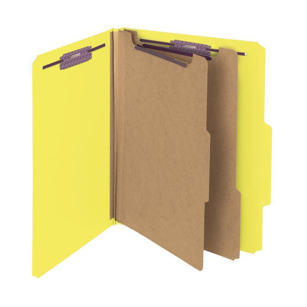 Smead Pressboard Classification File Folder with SafeSHIELD® Fasteners, 2 Dividers, 2" Expansion, Letter Size, Yellow, 10 per Box (14034)