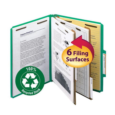 Smead 100% Recycled Pressboard Classification Folder, 2 Dividers, 2" Expansion, Letter Size, Green, 10 per Box (14063)
