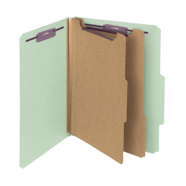 Smead Pressboard Classification Folder with SafeSHIELD® Fasteners, 2 Dividers, 2" Expansion, Letter Size, Gray/Green, 10 per Box (14076)