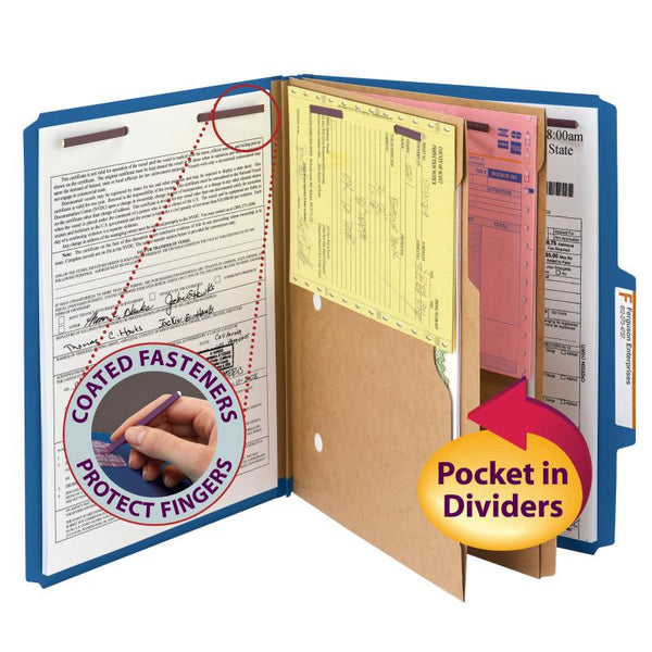 Smead Pressboard Classification Folder with Pocket Divider and SafeSHIELD® Fasteners, 2 Dividers, 2" Expansion, Letter Size, Dark Blue, 10 per Box (14077)