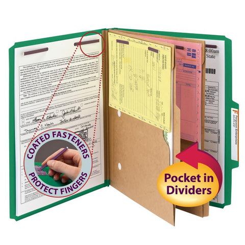 Smead Pressboard Classification Folder with Pocket Divider and SafeSHIELD® Fasteners, 2 Dividers, 2" Expansion, Letter Size, Green, 10 per Box  (14083)