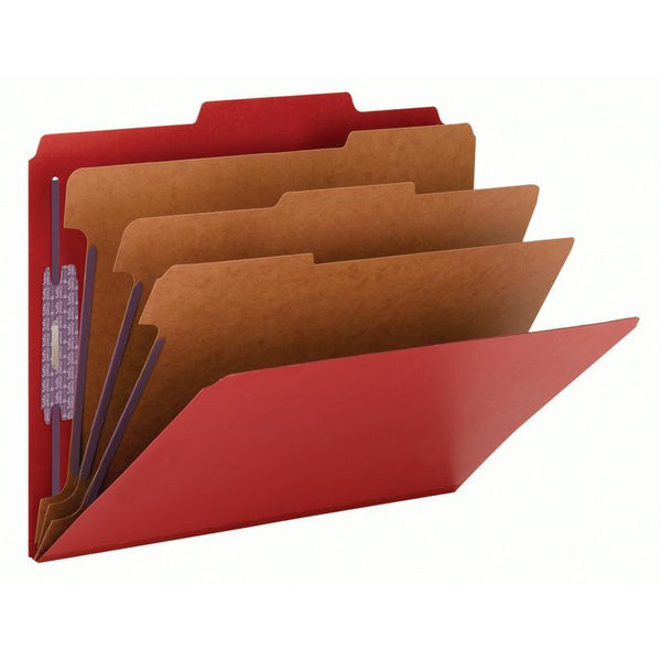Smead Pressboard Classification File Folder with SafeSHIELD® Fasteners, 3 Dividers, 3" Expansion, Letter Size, Bright Red, 10 per Box (14095)