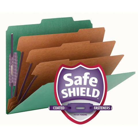 Smead Pressboard Classification File Folder with SafeSHIELD® Fasteners, 3 Dividers, 3" Expansion, Letter Size, Green, 10 per Box  (14097)