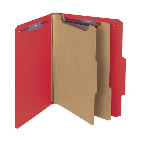 Smead Premium Pressboard Classification File Folder with SafeSHIELD® Fasteners, 2 Dividers, 2" Expansion, Letter Size, Bright Red, 10 per Box  (14202)