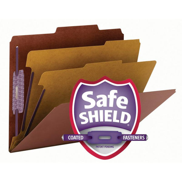 Smead Premium Pressboard Classification File Folder with SafeSHIELD® Fasteners, 2 Dividers, 2" Expansion, Letter Size, Red, 10 each per Box (14205)