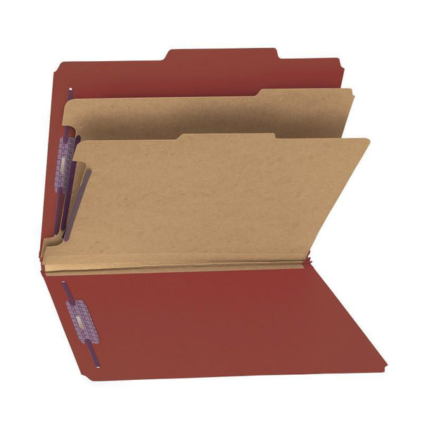 Smead Premium Pressboard Classification File Folder with SafeSHIELD® Fasteners, 2 Dividers, 2" Expansion, Letter Size, Red, 10 each per Box (14205)