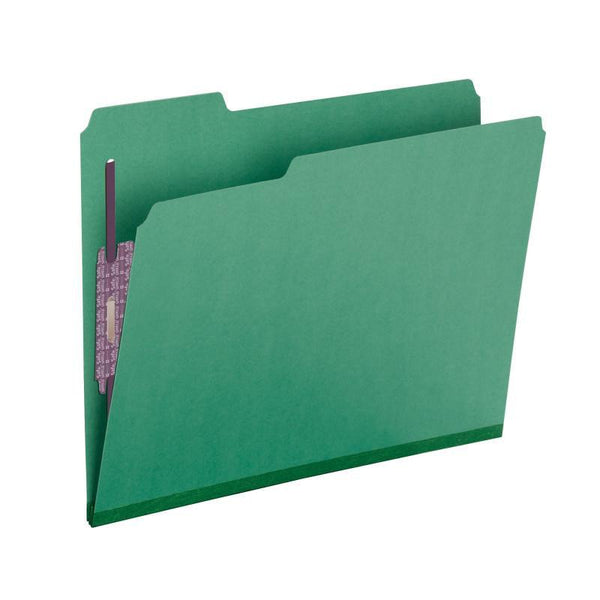 Smead Pressboard Fastener File Folder with SafeSHIELD® Fasteners, 2 Fasteners, 1/3-Cut Tab, 2" Expansion, Letter Size, Green, 25 per Box (14938)