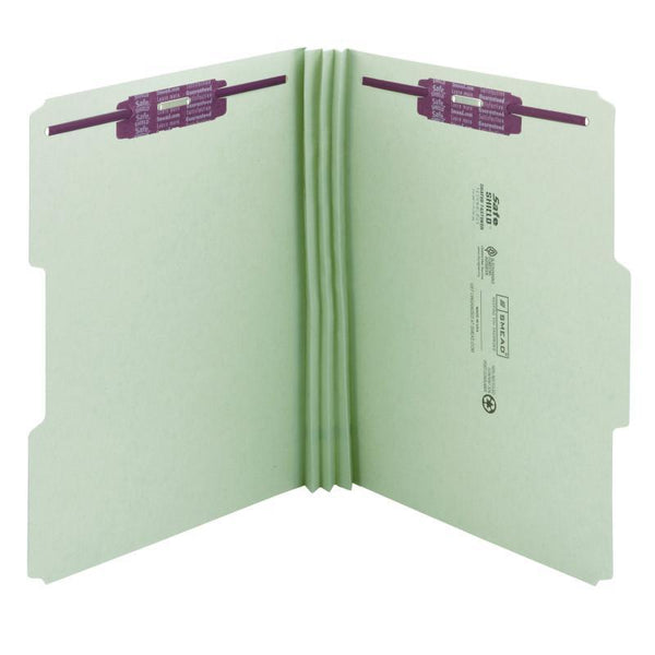 Smead Pressboard Fastener File Folder with SafeSHIELD® Fasteners, 2 Fasteners, 1/3-Cut Tab, 3" Expansion, Letter Size, Gray/Green, 25 per Box (14944)