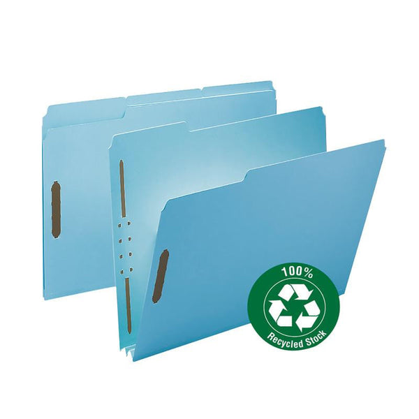 Smead 100% Recycled Pressboard Fastener File Folder, 1/3-Cut Tab, 2" Expansion, Letter Size, Blue, 25 per Box (15001)