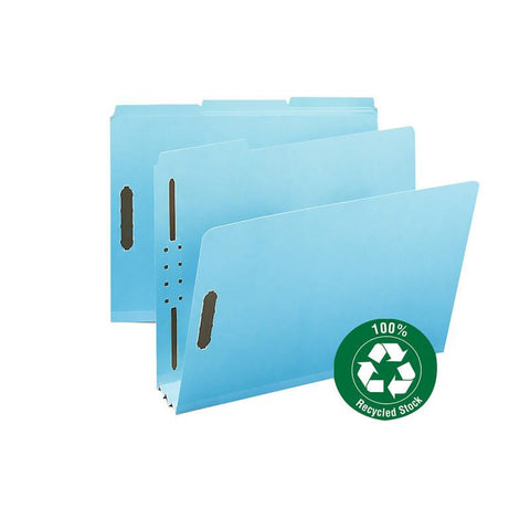 Smead 100% Recycled Pressboard Fastener File Folder, 1/3-Cut Tab, 3" Expansion, Letter Size, Blue, 25 per Box (15002)