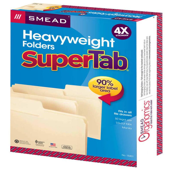 Smead SuperTab® Heavyweight File Folder, Oversized  1/3-Cut Tab, Legal Size, Manila, 50 per Box (15401)