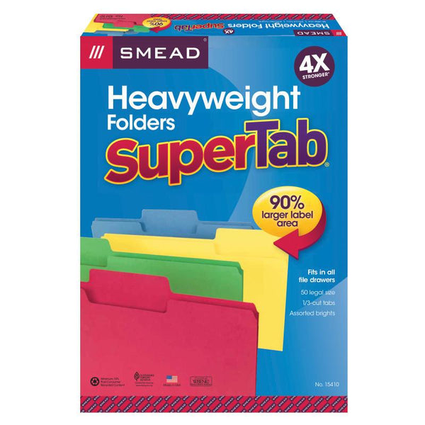 Smead SuperTab® Heavyweight File Folder, Oversized  1/3-Cut Tab, Legal Size, Assorted Colors, 50 per Box (15410)