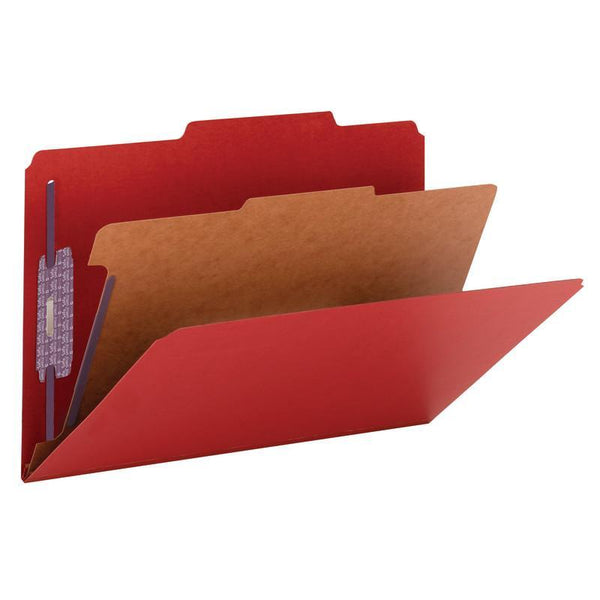 Smead Pressboard Classification File Folder with SafeSHIELD® Fasteners, 1 Divider, 2" Expansion, Legal Size, Bright Red, 10 per Box (18731)