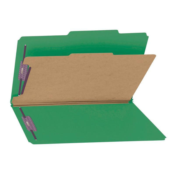 Smead Pressboard Classification File Folder with SafeSHIELD® Fasteners, 1 Divider, 2" Expansion, Legal Size, Green, 10 per Box (18733)