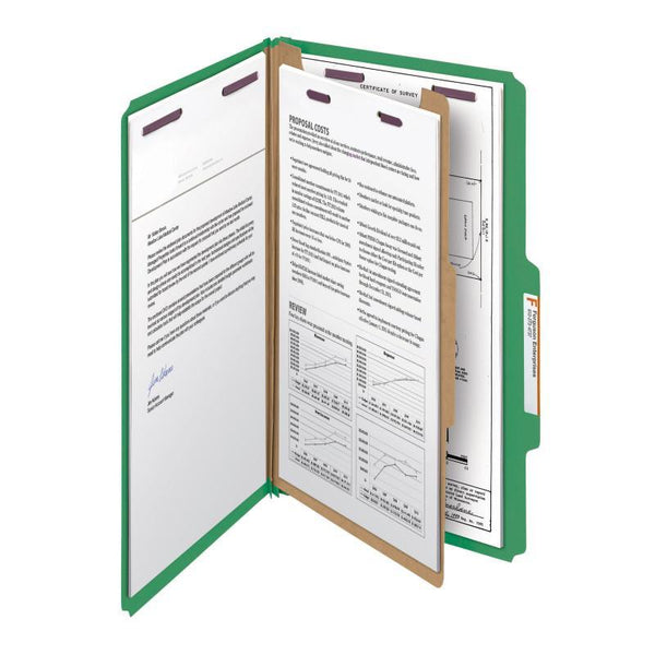 Smead Pressboard Classification File Folder with SafeSHIELD® Fasteners, 1 Divider, 2" Expansion, Legal Size, Green, 10 per Box (18733)