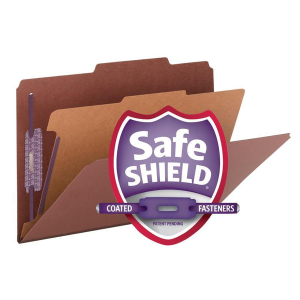 Smead Pressboard Classification File Folder with SafeSHIELD® Fasteners, 1 Divider, 2" Expansion, Legal Size, Red, 10 per Box (18775)
