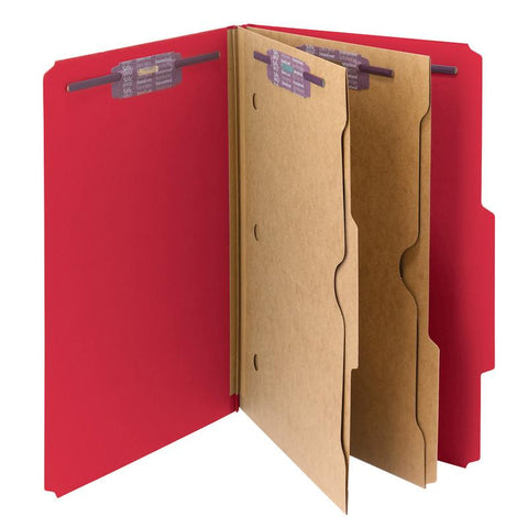 Smead Pressboard Classification File Folder with Wallet Divider and SafeSHIELD® Fasteners, 2 Dividers, Legal Size, Bright Red, 10 per Box (19082)