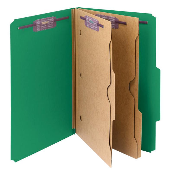 Smead Pressboard Classification File Folder with Wallet Divider and SafeSHIELD® Fasteners, 2 Dividers, Legal Size, Green, 10 per Box (19083)