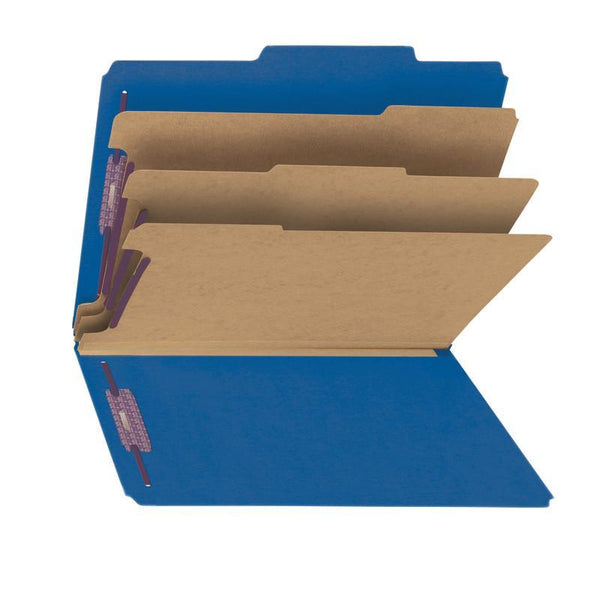 Smead Pressboard Classification File Folder with SafeSHIELD® Fasteners, 3 Dividers, 3" Expansion, Legal Size, Dark Blue, 10 per Box (19096)
