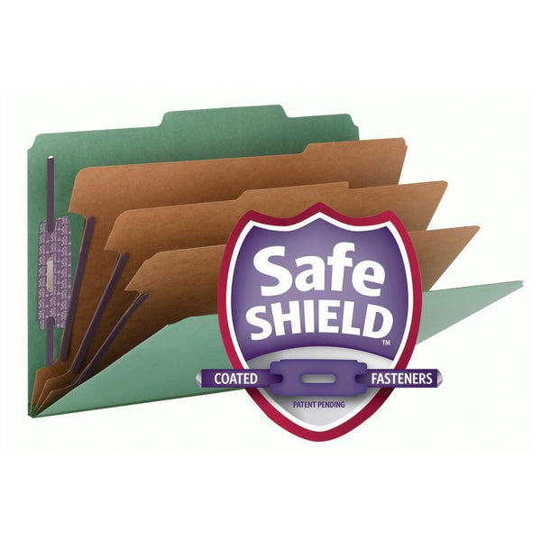 Smead Pressboard Classification File Folder with SafeSHIELD® Fasteners, 3 Dividers, 3" Expansion, Legal Size, Green, 10 per Box (19097)