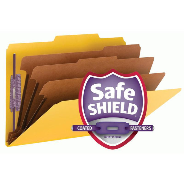 Smead Pressboard Classification File Folder with SafeSHIELD® Fasteners, 3 Dividers, 3" Expansion, Legal Size, Yellow, 10 per Box (19098)