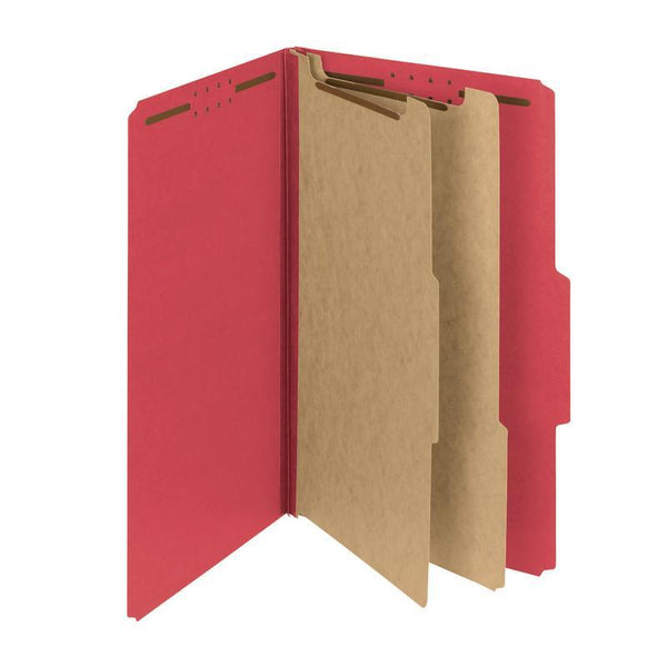 Smead Premium Pressboard Classification File Folder with SafeSHIELD® Fasteners, 2 Dividers, Legal Size, Bright Red, 10 per Box (19202)