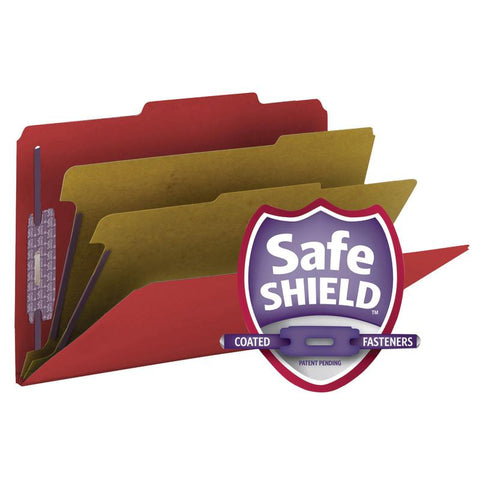 Smead Premium Pressboard Classification File Folder with SafeSHIELD® Fasteners, 2 Dividers, Legal Size, Bright Red, 10 per Box (19202)
