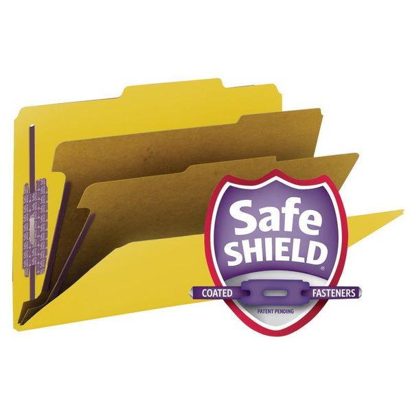 Smead Premium Pressboard Classification File Folder with SafeSHIELD® Fasteners, 2 Dividers, 2" Expansion, Legal Size, Yellow, 10 per Box (19203)