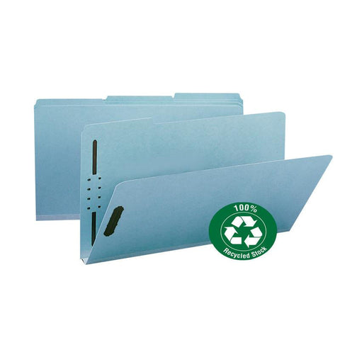 Smead 100% Recycled Pressboard Fastener File Folder, 1/3-Cut Tab, 1" Expansion, Legal Size, Blue, 25 per Box (20000)