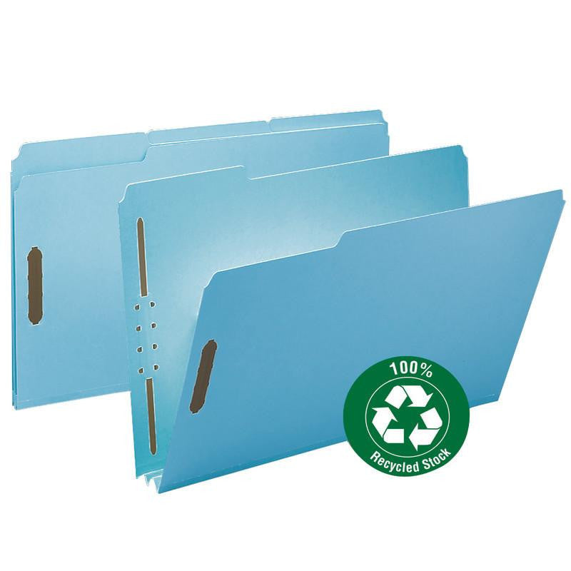 Smead 100% Recycled Pressboard Fastener File Folder, 1/3-Cut Tab, 2" Expansion, Legal Size, Blue, 25 per Box (20001)