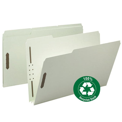 Smead 100% Recycled Pressboard Fastener File Folder, 1/3-Cut Tab, 2" Expansion, Legal Size, Gray/Green, 25 per Box (20004)