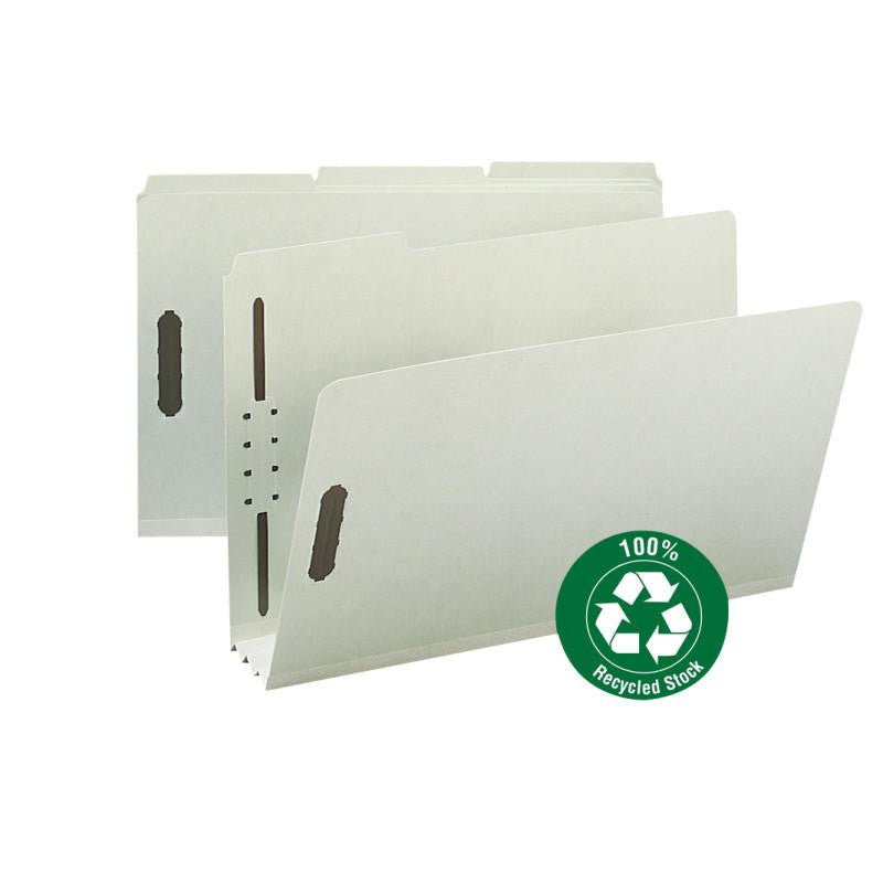 Smead 100% Recycled Pressboard Fastener File Folder, 1/3-Cut Tab, 3" Expansion, Legal Size, Gray/Green, 25 per Box (20005)
