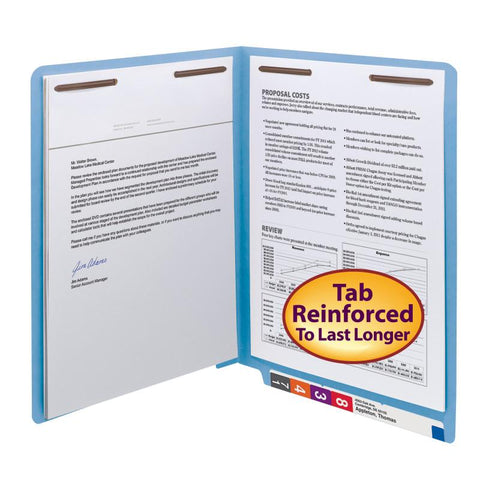 Smead End Tab Fastener File Folder, Shelf-Master® Reinforced Straight-Cut Tab, 2 Fasteners, Letter Size, Blue, 50 per Box (25040)