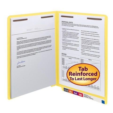 Smead WaterShed®/CutLess® End Tab Fastener Folder, Reinforced Straight-Cut Tab, Two Fasteners, Letter Size, Yellow, 50 per Box (25950)