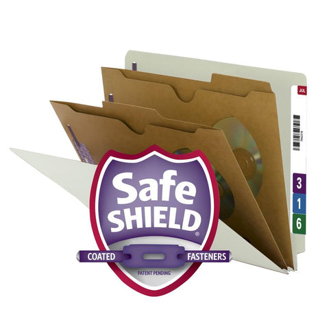 Smead End Tab Classification File Folder with SafeSHIELD® Fasteners, 2 Pocket-Style Divider, Letter Size, Gray/Green, 10 per Box (26710)
