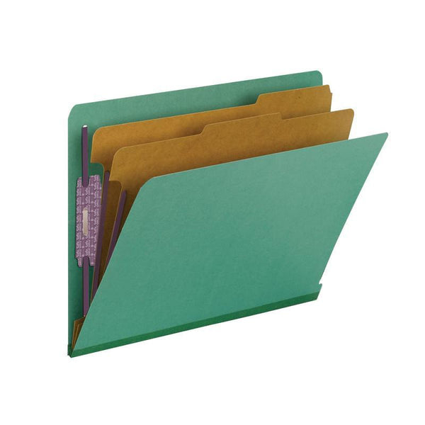 Smead End Tab Pressboard Classification Folder with SafeSHIELD® Fasteners, 2 Dividers, Letter, Green, 10 per Box  (26785)