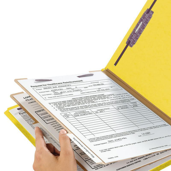 Smead End Tab Pressboard Classification Folder with SafeSHIELD® Fasteners, 2 Dividers, Yellow, 10 per Box  (26789)