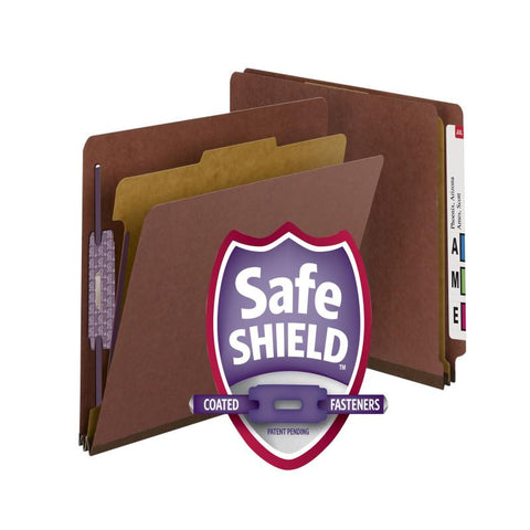 Smead End Tab Pressboard Classification Folder with SafeSHIELD® Fasteners, 1 Divider, Letter, Red Box of 10 (26855)
