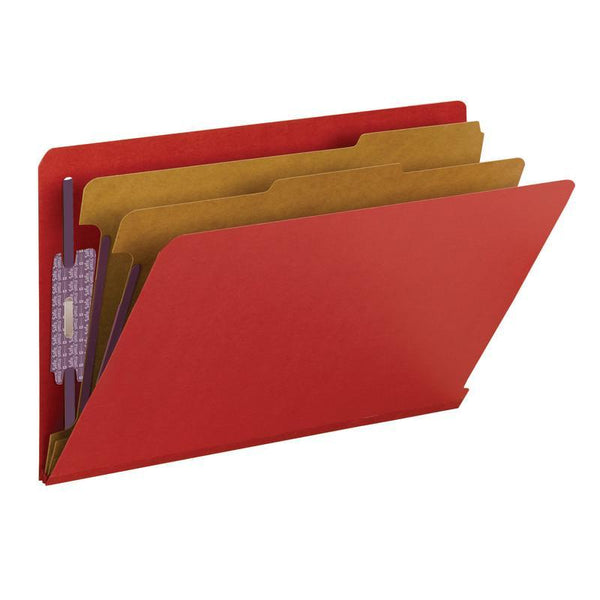 Smead End Tab Pressboard Classification Folder with SafeSHIELD® Fasteners, 2 Dividers, Legal, Bright Red (29783) (10 Per Box)
