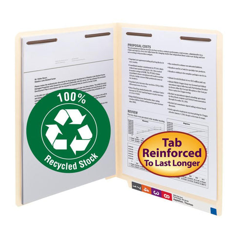 Smead End Tab 100% Recycled Fastener File Folder, Reinforced Straight-Cut Tab, 2 Fasteners, Letter, Manila, 50 per Box (34160)