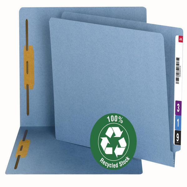 Smead 100% Recycled End Tab Fastener File Folder, Shelf-Master® Reinforced Straight-Cut Tab, 2 Fasteners, Blue, 50 per Box (34170)