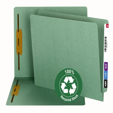Smead 100% Recycled End Tab Fastener File Folder, Shelf-Master® Reinforced Straight-Cut Tab, 2 Fasteners, Green, 50 per Box (34172)